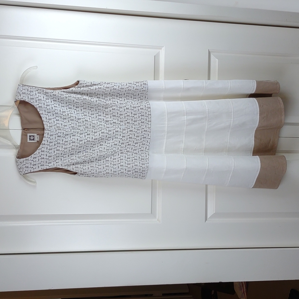 Anne Klein Sleeveless Lace Overlay Cotton Blend Tiered Skirt Tan & White Dress - Picture 2 of 11
